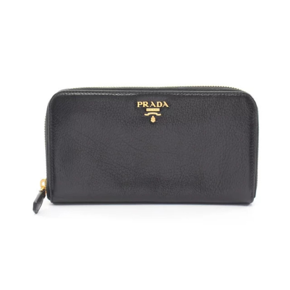 Prada CERVO ANTIC MET Round Long Wallet Leather Black